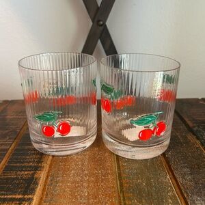 Doible Cherry Double Old Fashioned Ribbed Glasses Set Of 2 Cherries Fruit NEW